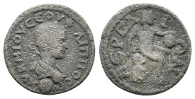 Philip II (247-249). Pamphylia, Perge. Æ (14mm, 5.95g). Laureate, draped and cuirassed bust r.; globe below. R/ Hephaestus seated r. on rock, holding ...