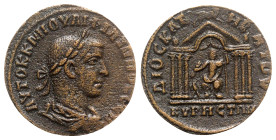 Philip I (244-249). Cyrrhestica, Cyrrhus. Æ (28mm, 11.48g, 6h). Laureate, draped and cuirassed bust r. R/ Hexastyle temple within which seated statue ...