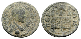 Philip II (247-249). Pamphylia, Perge. Æ (24mm, 6.06g, 12h). Laureate, draped and cuirassed bust r.; globe below. R/ Chest surmounted by three purses....