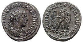 Philip II (247-249). Seleucis and Pieria, Antioch. AR Tetradrachm (26mm, 12.36g, 12h). AD 246. Radiate and draped bust r. R/ Eagle standing r., with w...