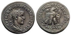 Philip II (247-249). Seleucis and Pieria, Antioch. BI Tetradrachm (27mm, 14.25g, 6h), AD 249. Laureate, draped and cuirassed bust r.; three pellets be...