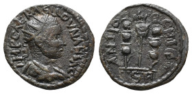 Volusian (251-253). Pisidia, Antioch. Æ (22mm, 4.09g). Radiate, draped and cuirassed bust r. R/ Aquila between two signa. Cf. SNG BnF 1294-6. VF