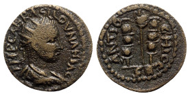 Valerian I (253-260). Pisidia, Antioch. Æ (21mm, 4.78g, 6h). Radiate, draped and cuirassed bust r. R/ Aquila between two signa. SNG BnF 1315-7. Brown ...