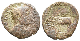 Gallienus (253-268). Bithynia, Nicaea. Æ (24mm, 5.94g). Radiate, draped and cuirassed bust r. R/ Dionysos seated l. on quadriga of elephants, pouring ...