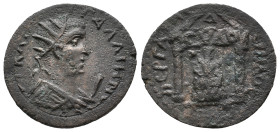 Gallienus (253-268). Pamphylia, Perge. Æ 10 Assaria (29mm, 12.39g). Radiate, draped and cuirassed bust r.; I before. R/ Distyle temple, within which c...