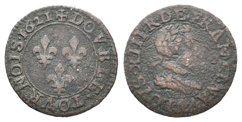 France, Louis XIII (1610-1643). Double Tournois 1621 (20mm, 2.46g). Good Fine