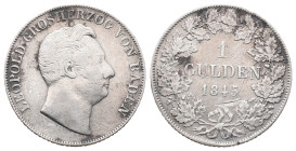 Germany, Baden. Leopold I (1830-1845). 1 Gulden 1845 (30mm, 10.43g). Near VF