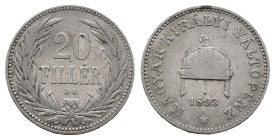 Hungary, 20 Filler 1893 (19mm, 5.01g). Near VF