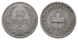 Hungary, 10 Filler 1894 (19mm, 3.00g). Near VF