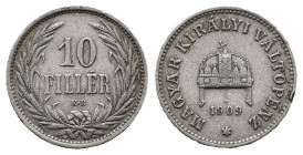 Hungary, 10 Filler 1909 (19mm, 3.07g). VF