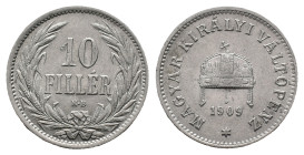 Hungary, 10 Filler 1909 (19mm, 3.02g). VF
