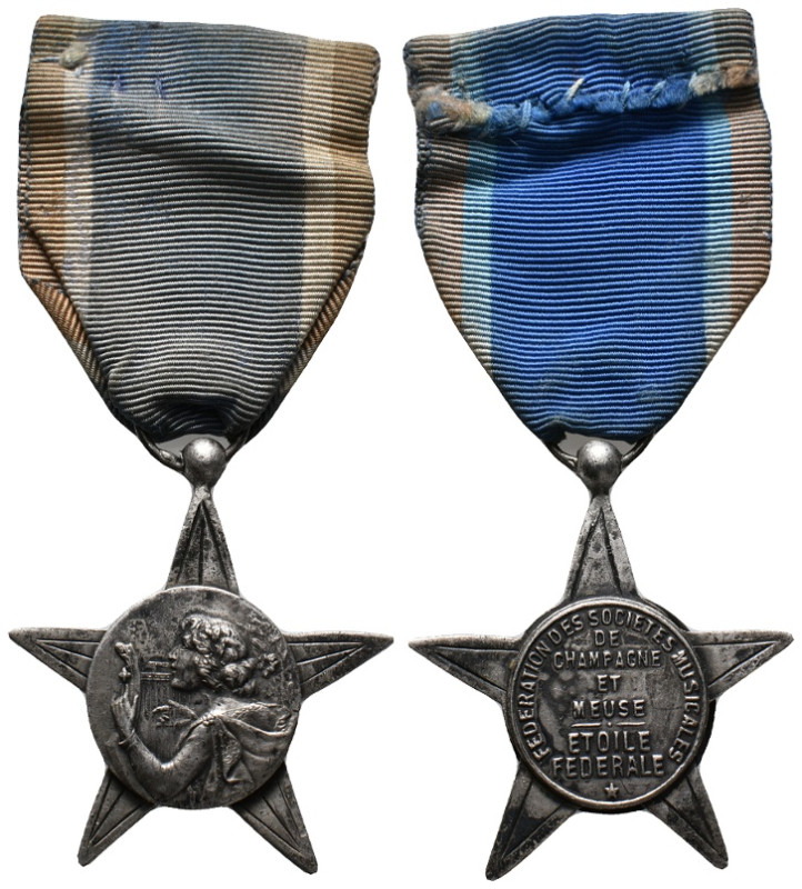 Rare silver-plated AE-Medal in star shape with ribbon. By the Federation des Soc...