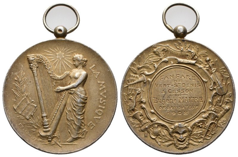 Gilded AR-Medal 1908. By Rasumny. Dedicated to the Fanfare de Vert St. Denis & C...