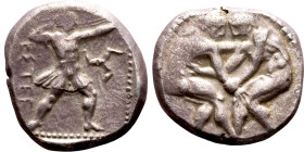 Pamphylia: Aspendos (370 BC-333 BC) Stater. Obv:Two wrestlers grappling Rev: Slinger in throwing stance right; triskeles to right; all within pelleted...