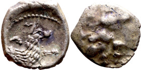 Lycaonia: Laranda (IV- III century BV) Obol. Obv:Baaltars seated left, holding grain ear, grape bunch, and scepter. Rev: Forepart of wolf right;