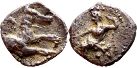 Lycaonia: Laranda (IV- III century BV) Obol. Obv:Baaltars seated left, holding grain ear, grape bunch, and scepter. Rev: Forepart of wolf right;