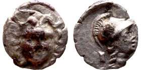 Pisidia: Selge (Iv century BC) obol Obv: Head of gorgoneion facing with flowing hair Rev:  Head of Athena right, wearing  helmet. Obv:.