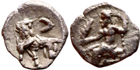 Cilicia: Tarsos, Uncertain Satrap (IV century BC) obol Obv: Baaltars seated left, holding sceptre and palm. Rev: Standing Lion