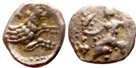 Lycaonia: Laranda (IV- III century BV) Obol. Obv:Baaltars seated left, holding grain ear, grape bunch, and scepter. Rev: Forepart of wolf right;