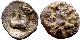 Lycaonia: Laranda (IV- III century BV) Obol. Obv:Baaltars seated left, holding grain ear, grape bunch, and scepter. Rev: Forepart of wolf right;