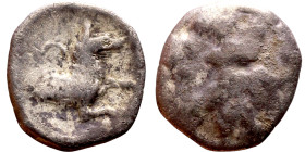 Lycaonia: Laranda (IV- III century BV) Obol. Obv:Baaltars seated left, holding grain ear, grape bunch, and scepter. Rev: Forepart of wolf right;