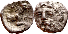 Lycaonia: Laranda (IV- III century BV) Obol. Obv: Head of grogon. Rev: Forepart of wolf right;