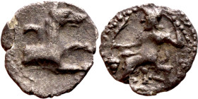 Lycaonia: Laranda (IV- III century BV) Obol. Obv:Baaltars seated left, holding grain ear, grape bunch, and scepter. Rev: Forepart of wolf right;