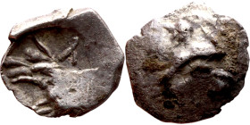 Lycaonia: Laranda (IV- III century BV) Obol. Obv:Baaltars seated left, holding grain ear, grape bunch, and scepter. Rev: Forepart of wolf right;