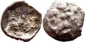 Lycaonia: Laranda (IV- III century BV) Obol. Obv:Baaltars seated left, holding grain ear, grape bunch, and scepter. Rev: Forepart of wolf right;