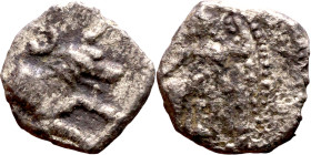 Lycaonia: Laranda (IV- III century BV) Obol. Obv:Baaltars seated left, holding grain ear, grape bunch, and scepter. Rev: Forepart of wolf right;