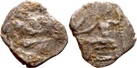 Lycaonia: Laranda (IV- III century BV) Obol. Obv:Baaltars seated left, holding grain ear, grape bunch, and scepter. Rev: Forepart of wolf right;