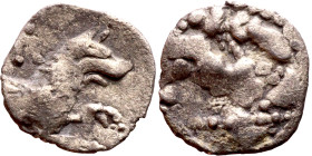 Lycaonia: Laranda (IV- III century BV) Obol. Obv:Baaltars seated left, holding grain ear, grape bunch, and scepter. Rev: Forepart of wolf right;