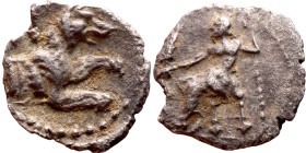 Lycaonia: Laranda (IV- III century BV) Obol. Obv:Baaltars seated left, holding grain ear, grape bunch, and scepter. Rev: Forepart of wolf right;