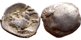 Lycaonia: Laranda (IV- III century BV) Obol. Obv:Baaltars seated left, holding grain ear, grape bunch, and scepter. Rev: Forepart of wolf right;