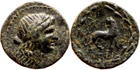 Hellenistic period coin (4-1 century BC) AE Bronze.  Obv: Bust of Artemis. Rev: Standing Lion right