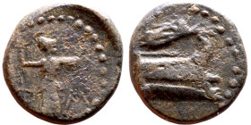 Lycia: Phaselis (190-167 BC) bronze coin. Obv: Prow of war-galley right, Nike flying above and crowning it with a wreath Rev: Athena standing right, h...