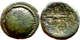 Caria: Myndos (II – I century BC) bronze coin. Obv: Wreathed head of young Dionysos right. Rev:Winged thunderbolt.