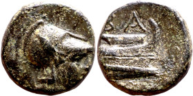 Phoenicia: Arados (III – II BC centuries) bronze. Obv: Bust of Athena. Rev: Prow of galley lef