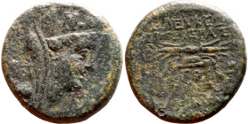 Syria, Seleucia (II century BC) bronze. Obv: Bust of Tyche Rev:  Filleted thunderbolt on cushion placed on stool.