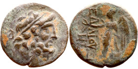 Antiochos IV Epiphanes (Seleukid King: 175-164 BC). AE bronze. Obv: Bust of Zeus. Rev: Nike walking left