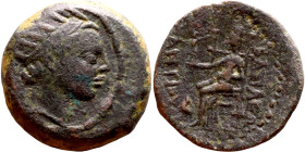 Antiochos IV Epiphanes (Seleukid King: 121-96 BC). AE bronze. Obv.: Radiate, diademed head of Antiochus IV right Rev: Zeus seated left on high-backed ...