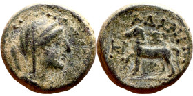 Cilicia: Adana (200-1 BC)  bronze. Obv: Veiled head Demeter right, wearing stephane Rev: Horse cantering left; monogram to left and below