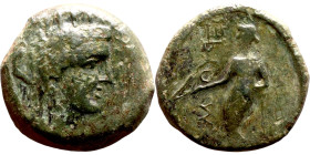 Kelenderis (BC 200-30) bronze coin. Obv:  Draped, turreted and veiled bust of Tyche right Rev: Apollo standing facing, head left, holding branch and r...