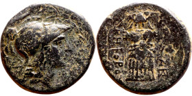 Hellenistic period coin (4-1 century BC) AE Bronze.  Obv: theatral mask Rev:  Pyramidal monument