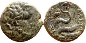 MYSIA. Pergamon. (133-27 BC) Bronze coin. Obv: Laureate head of Asklepios to right Rev: AΣKΛHΠIOΣ - ΣΩTHPOΣ Serpent coiled around omphalos; in inner l...