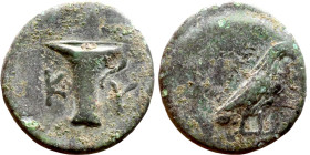 Aeolis, Kyme (350-250 BC) bronze. Obv: Eagle standing right. Rev: KY, One-handled cup left.