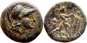 Hellenistic period coin (4-1 century BC) AE Bronze.  Obv: Bust of Athena  Rev: Running figure