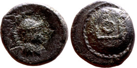 Hellenistic period coin (4-1 century BC) AE Bronze.  Obv: Bust of Eross ? Rev: Macedonian shiled