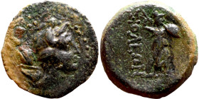 Thessalian League (125-50 BC) bronze coin. Obv: Laureate head of Apollo right Rev: ΘEΣΣA–ΛΩN, Athena Itonia striding right, hurling spear held in her ...