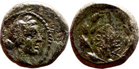 Mysia, Cyzicus (III-I Century BC) broze coin. Obv: Diademed and draped bust of Kore on right.  Rev: Legend and monogram within an oak wreath.